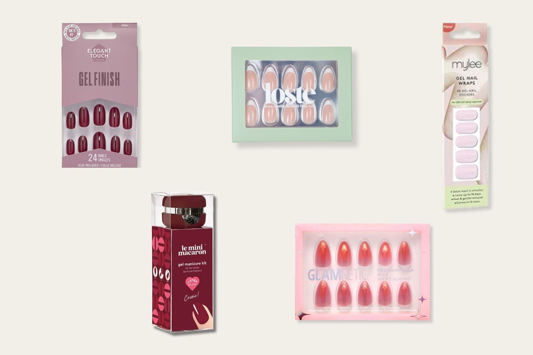 Packaging for the five best press-on nails in the UK for 2026 - Loste, Mylee, Le Mini Macaron, Glamnetic and Elegant Touch - laid out on a cream background