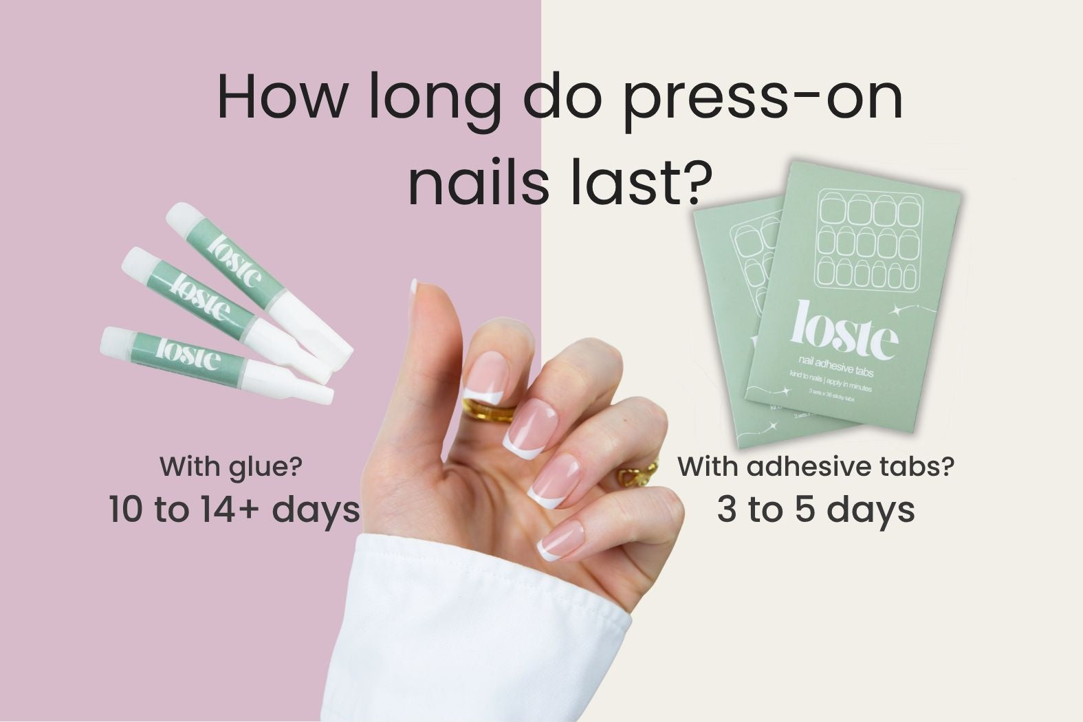 How long do press-on nails last: with Loste nail glue 10 to 14+ days, with adhesive tabs 3 to 5 days. Hand wearing French-tip press-on nails between glue tubes and adhesive tab packets.