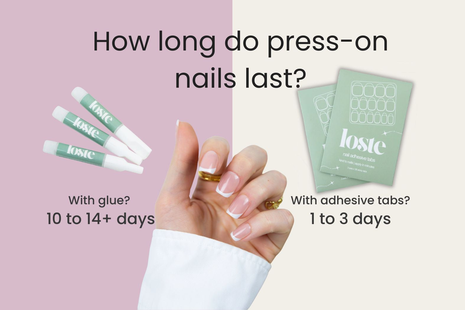 How long do press-on nails last: with Loste nail glue 10 to 14+ days, with adhesive tabs 1 to 3 days. Hand wearing French-tip press-on nails between glue tubes and adhesive tab packets.