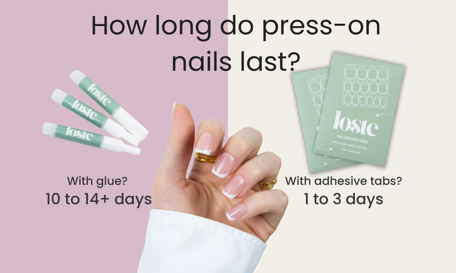 How long do press-on nails last: with Loste nail glue 10 to 14+ days, with adhesive tabs 1 to 3 days. Hand wearing French-tip press-on nails between glue tubes and adhesive tab packets.