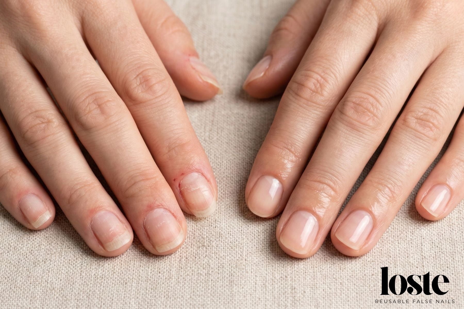 Damaged nails after acrylics (left) vs. healthy recovered natural nails (right).