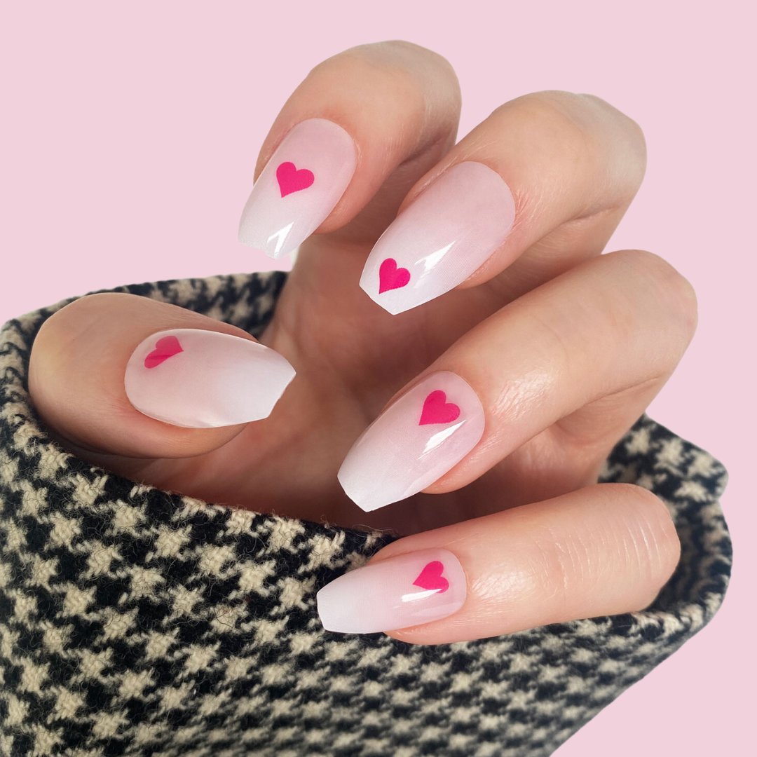 love heart pink fake nails 