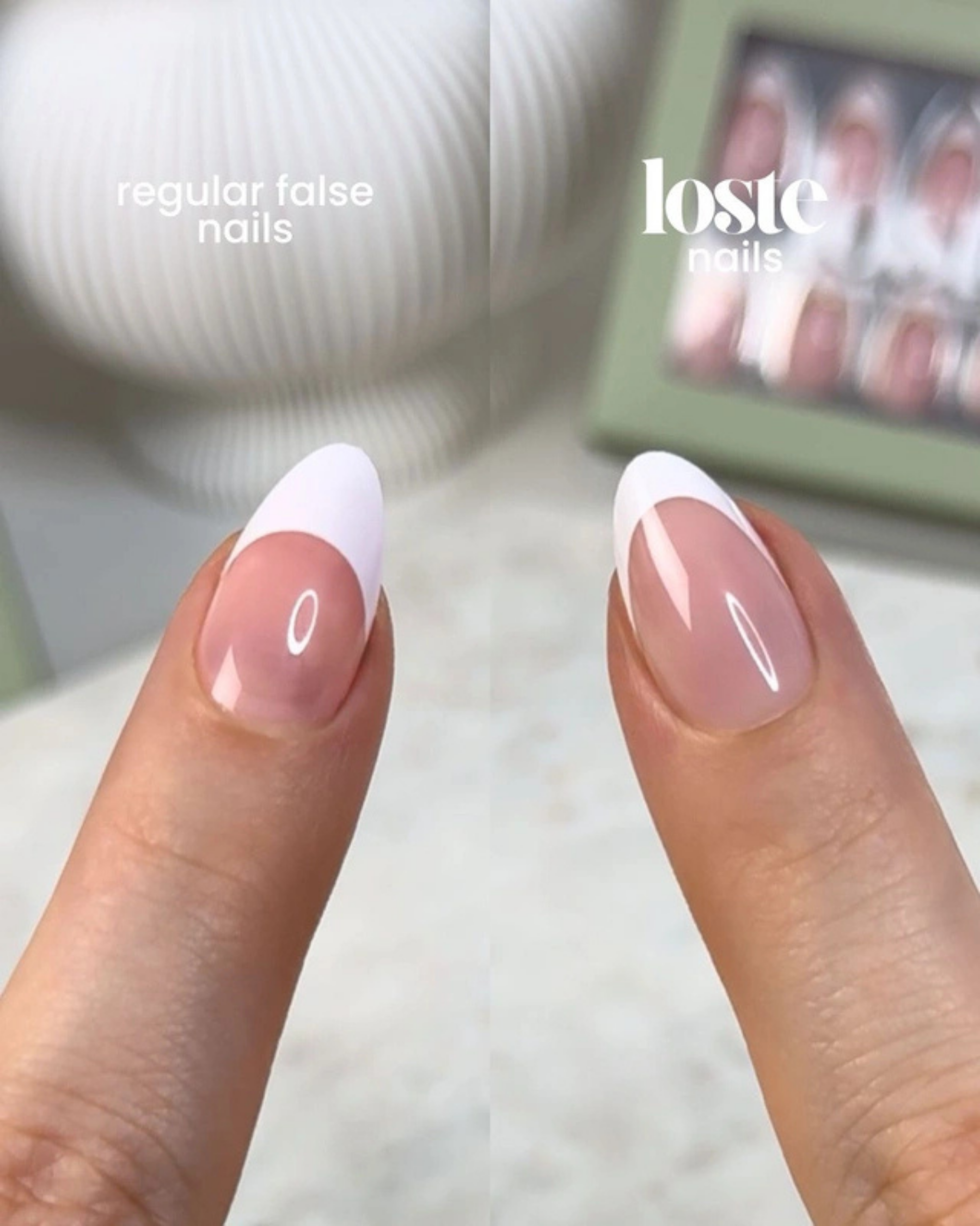 A side by side showing how Loste press-on nails are better quality than regular press-on nails
