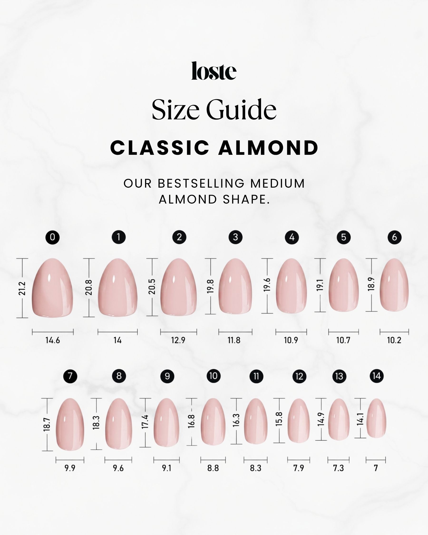 Loste press-on nails size guide