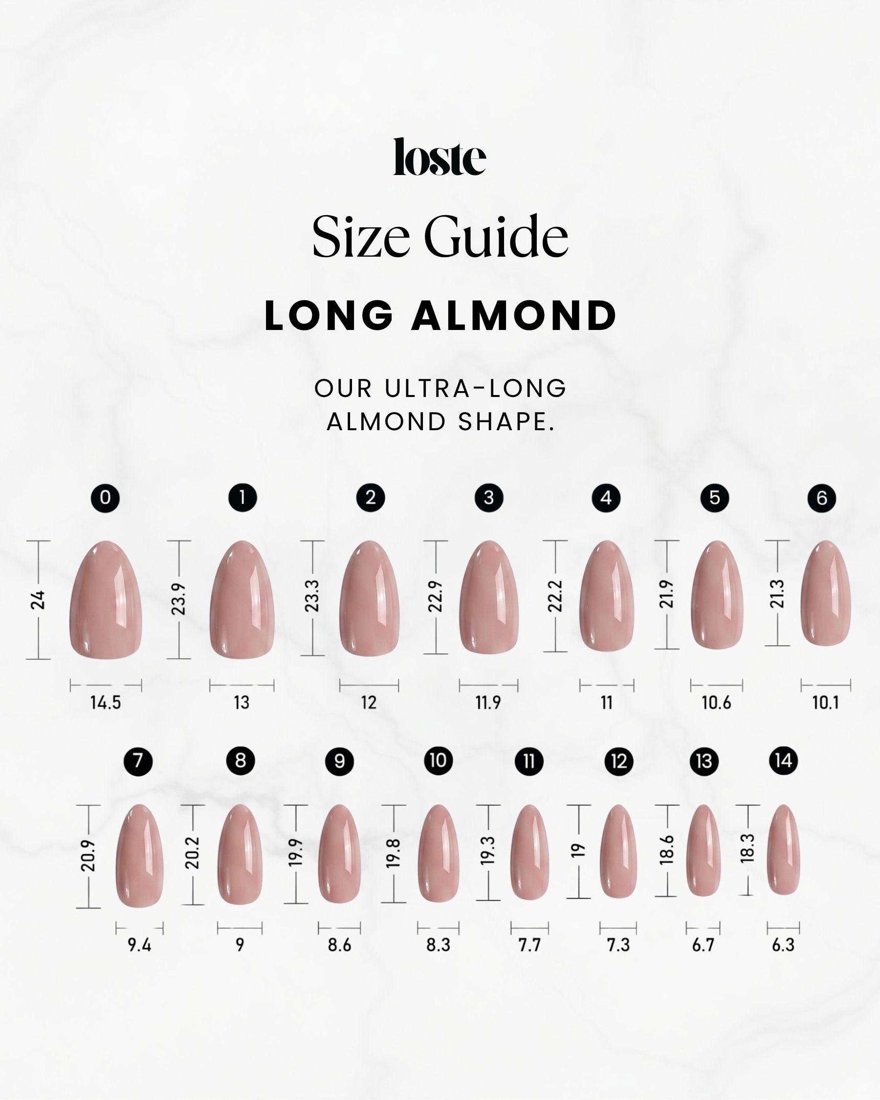Loste press-on nail size guide long almond